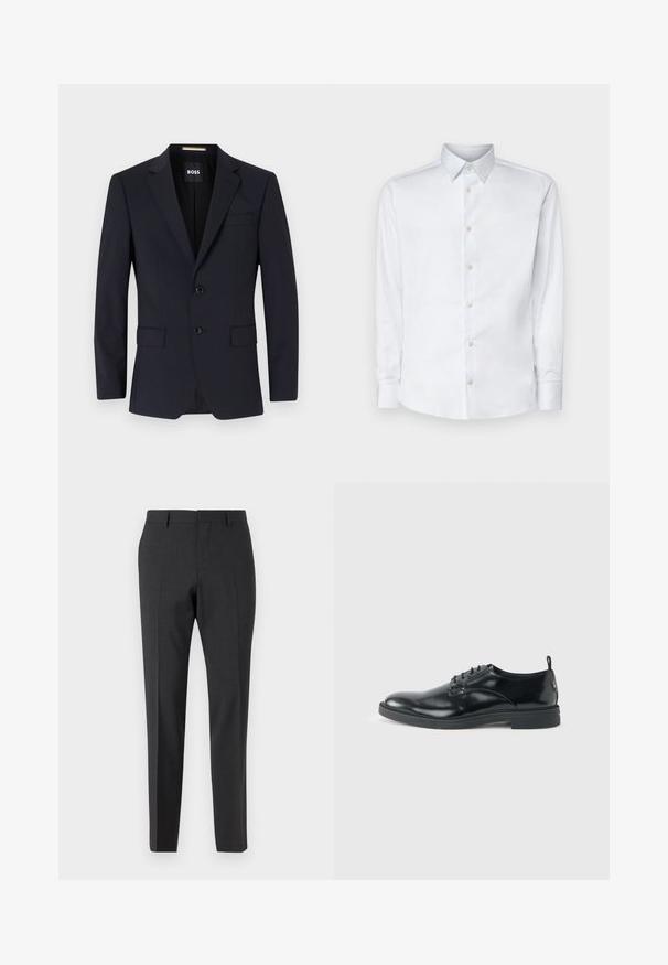 Marineblauer taillierter Blazer mit Reverskragen, Zwei-Knopf-Verschluss, Vordertaschen und einer Brusttasche. Glattes Material, strukturierte Passform.; Weißes Langarmhemd aus glattem Stoff, mit klassischem Kragen, Knopfleiste und Manschetten mit Knöpfen, vor einem einfarbigen Hintergrund präsentiert.; Dunkelgraue, maßgeschneiderte Hose mit glatter Textur, schmaler Passform, flachem Frontbereich und Gürtelschlaufen, entworfen für formelle oder geschäftliche Kleidung.; Glänzender schwarzer Lederschuh mit niedrigem Absatz, Schnürverschluss und runder Kappe, seitlich auf hellem, schlichten Hintergrund gezeigt.