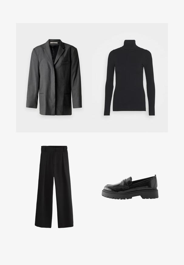 Grijze op maat gemaakte blazer van een lichtgewicht materiaal; heeft een gekarteld revers, een enkele borstzak en twee voorzakken, met een soepele binnenvoering.; Zwarte geribde coltrui met lange mouwen en een aansluitende pasvorm. De textuur is glad met een horizontaal ribpatroon.; Zwarte wijde broek met elastische tailleband en riemlussen, met een gladde voorkant en een losse pasvorm.; Zwarte lakleren loafers hebben een laag platformzool met een robuuste profiel en een gestikte detail over de middenvoet.