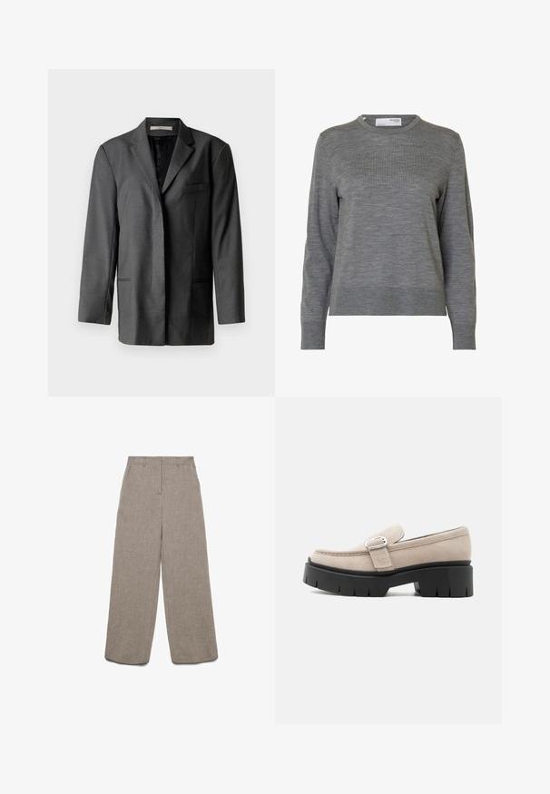 Grijze op maat gemaakte blazer van een lichtgewicht materiaal; heeft een gekarteld revers, een enkele borstzak en twee voorzakken, met een soepele binnenvoering.; Lichtgrijze gebreide trui met lange mouwen, ronde hals en geribbelde boorden en zoom, getoond tegen een witte achtergrond.; Beige linnen broek met wijde pijpen, riemlussen en een ritssluiting aan de voorkant, met een platte voorkant, weergegeven op een witte achtergrond.; Beige suède loafer met zilveren gesp en dikke zwarte chunkysouw, zijaanzicht op witte achtergrond.