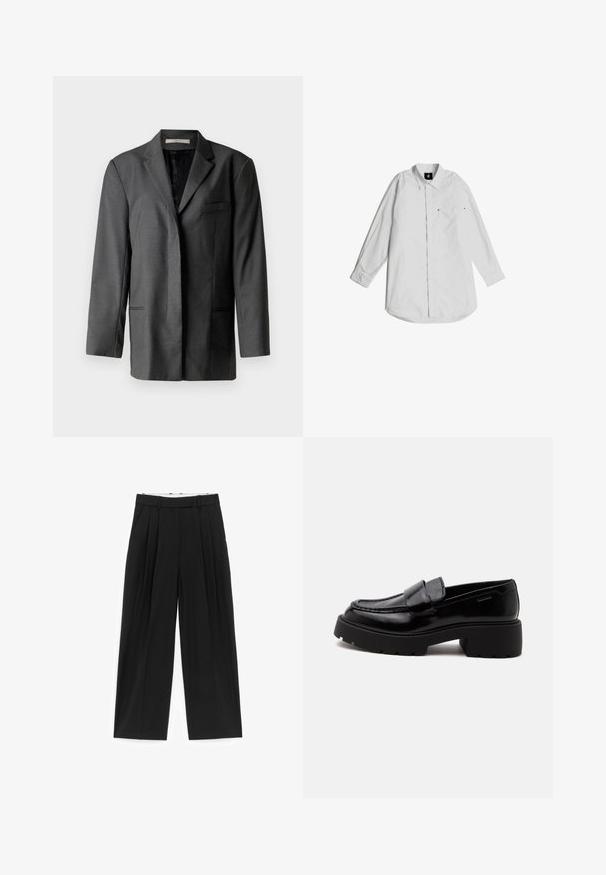 Grau maßgeschneiderter Blazer aus leichtem Material; verfügt über einen Reverskragen, eine einzelne Brusttasche und zwei Fronttaschen sowie ein glattes Innenfutter.; Weißes Langarmhemd aus leichtem Baumwollstoff. Mit einem Button-down-Kragen, einer Brusttasche und dezenten Stichdetails.; Schwarze Hosen mit weitem Bein, vorderen Falten, Gürtelschlaufen und Seitentaschen, für eine taillierte Passform gefertigt.; Schwarzer glänzender Lederloafer mit grober Sohle und niedrigem Blockabsatz, seitlicher Naht und einem breiten Riemen oben.