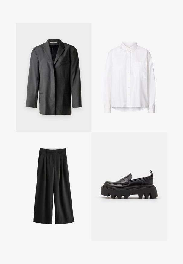 Grå skræddersyet blazer i letvægtsmateriale; har en notch-lapel, en enkelt brystlomme og to forlommer med en glat inderfor.; Hvid langærmet skjorte med knaplukning i letvægtsstof, med klassisk krave, en enkelt brystlomme og rundet kant.; Sorte vidde bukser med plisser, sidelommer, bæltestropper og en ren frontlukning, vist på en hvid baggrund.; Sorte læder loafers med en kraftig sort gummisål, der har skridsikre riller og et dekorativt bånd over forsiden.