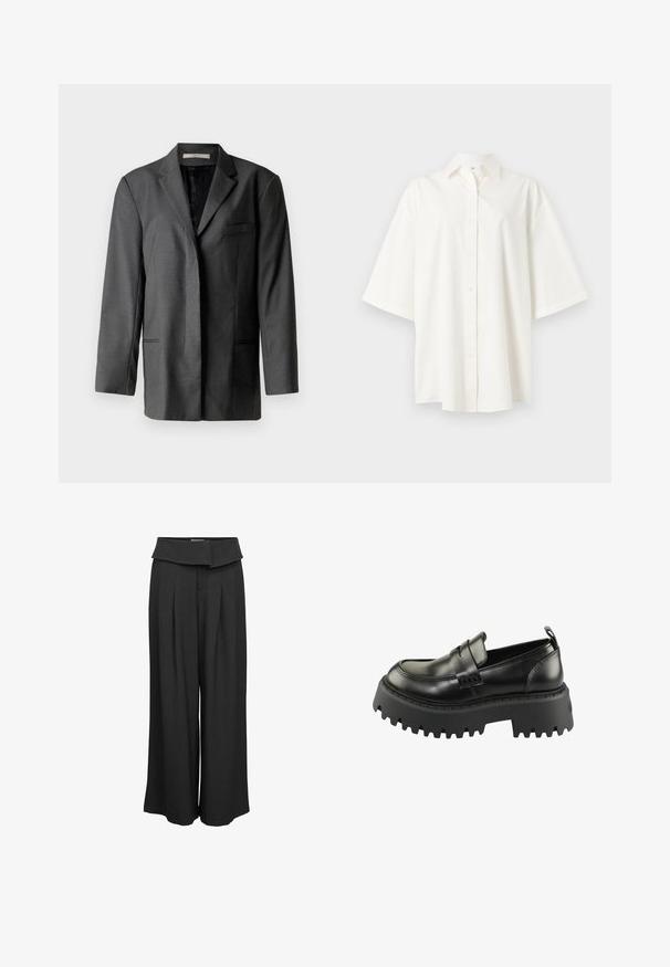 Grå skræddersyet blazer i letvægtsmateriale; har en notch-lapel, en enkelt brystlomme og to forlommer med en glat inderfor.; Hvid kortærmet skjorte med knapper, krave, lige kant og løs pasform på en ensfarvet lys baggrund.; Sorte bukser med høj talje og vidde ben, med foldet linning og forreste læg, vist på en ensartet hvid baggrund.; Sorte læder loafers med en tyk, struktureret sort gummisål. Har en rund tå og en dekorativ rem på tværs af vamps.
