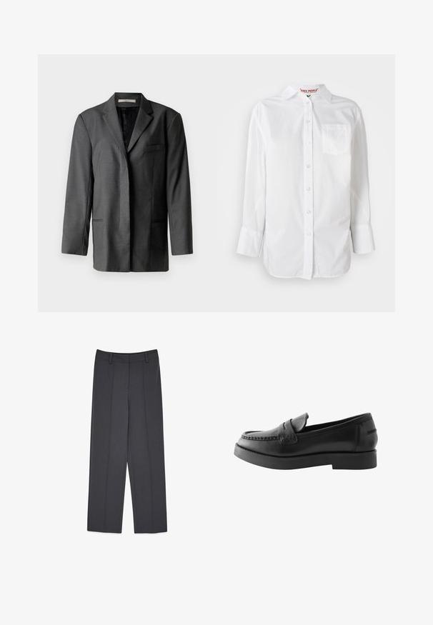 Blazer cintré gris en matériau léger ; il dispose d'un col cranté, d'une poche poitrine unique et de deux poches avant, avec une doublure intérieure lisse.; Chemise blanche à manches longues avec col et poche poitrine, présentée sur un fond uni.; Pantalon gris ajusté avec une coupe droite, présentant des plis marqués, une texture lisse et des passants de ceinture. Pas de poches visibles.; Mocassins en cuir noir avec une semelle plate, un bout rond et des coutures décoratives sur le dessus. Pas de quincaillerie ni de motifs visibles.
