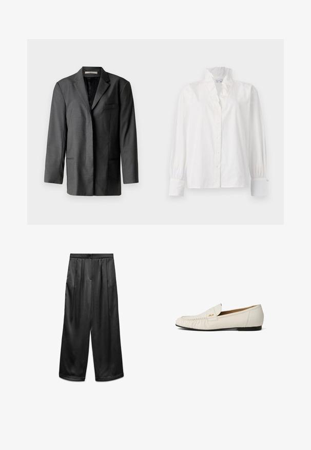 Blazer cintré gris en matériau léger ; il dispose d'un col cranté, d'une poche poitrine unique et de deux poches avant, avec une doublure intérieure lisse.; Chemisier blanc en coton avec un col volanté, des manches longues bouffantes et un devant boutonné orné de boutons ressemblant à des perles.; Pantalons larges noirs en tissu lisse et brillant, présentant des pinces à l'avant et une taille ajustée. Design épuré et minimal.; Mocassin en cuir blanc avec une semelle plate noire, un détail plissé à l'avant et un petit logo doré sur le côté de la tige.