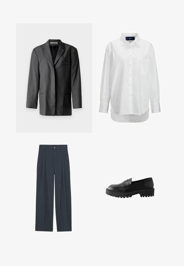 Šedý upravený blazer vyrobený z ľahkého materiálu; má klopový golier, jednu náprsní kapsu a dve predné vrecká s hladkou vnútornou podšívkou.; Biele dlhé rukávy košele z hladkej bavlny s golierom na gombíky, prednou vreckom a zakriveným lemom. Obsahuje zadný diel pre zvýšenú štruktúru.; Široké nohavice vyrobené z textúrovaného tmavosivého materiálu, so záhybmi vpredu, zapínaním na gombík a bočnými vreckami pre zvýšenú funkčnosť.; Čierne kožené loafery s okrúhlym špičkou, zvýrazneným švom a masívnou gumovou podrážkou s hlbokým dezénom pre lepšiu trakciu.