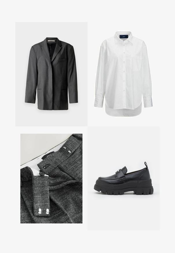 Grau maßgeschneiderter Blazer aus leichtem Material; verfügt über einen Reverskragen, eine einzelne Brusttasche und zwei Fronttaschen sowie ein glattes Innenfutter.; Weißes Langarmhemd aus glattem Baumwollstoff mit Button-Down-Kragen, Brusttasche und abgerundetem Saum. Verfügt über eine Schulterpasse für zusätzliche Struktur.; Grau strukturierte Hose mit Knopfverschluss, Reißverschluss und zusätzlichen Haken, mit silbernen Akzenten an der Taille und der Innenverarbeitung.; Schwarzer Lederloafer mit dicker profilstarker Sohle, Mokassinnaht vorne, Riemendetail oben und Zuglasche an der Ferse, seitlich gezeigt.