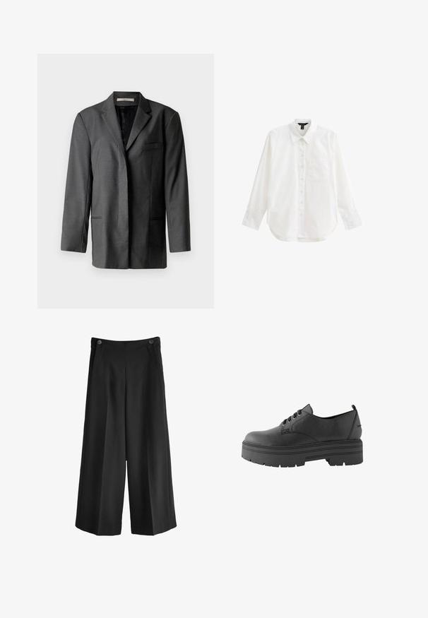 Grijze op maat gemaakte blazer van een lichtgewicht materiaal; heeft een gekarteld revers, een enkele borstzak en twee voorzakken, met een soepele binnenvoering.; Witte langek mouw shirt van katoen, met een knopenlijst aan de voorkant, kraag, enkele borstzak en een ronde onderrand. Glad van textuur.; Zwarte wijde broek met hoge taille, gemaakt van een gladde stof. Bevat twee voorkeurs en twee knopen bij de tailleband.; Next WIDE FIT FOREVER COMFORT CHUNKY - Veterschoenen - mottled black