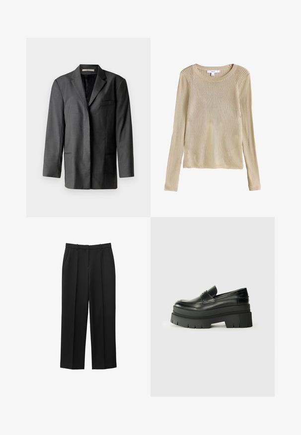 Grå skræddersyet blazer i letvægtsmateriale; har en notch-lapel, en enkelt brystlomme og to forlommer med en glat inderfor.; Beige ribstrikket langærmet sweater med rund halsudskæring og slim fit, vist fladt med synligt mærke ved kraven.; Sorte skræddersyede bukser med lige ben, bæltestropper og sidelommer, designet til formelt eller forretningsbrug.; Sorte læder loafers med en kraftig platformsål. Rund tå, forkant-søm detalje og subtile syninger. Flad, struktureret ydersål.