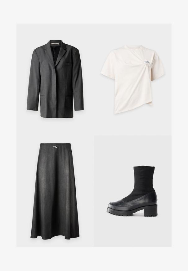 Grijze op maat gemaakte blazer van een lichtgewicht materiaal; heeft een gekarteld revers, een enkele borstzak en twee voorzakken, met een soepele binnenvoering.; Off-white T-shirt met korte mouwen, een gedraaid voorpand en een klein rechthoekig label bij de linkerschouder.; Lange zwarte spijkerrok met lichte uitlopende zoom en klein ovaal logo vlak bij de tailleband, weergegeven op een effen witte achtergrond.; Zwarte enkellaarsjes met hak, met een glad leren teen, elastische bovenkant en gestructureerde rubberen zool. Kenmerkt zich door een brede, chunky hak en een gestroomlijnd ontwerp.