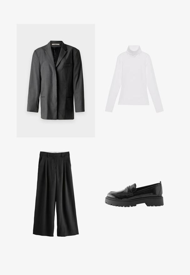Šedý upravený blazer vyrobený z ľahkého materiálu; má klopový golier, jednu náprsní kapsu a dve predné vrecká s hladkou vnútornou podšívkou.; Biely dlhý rukáv v štýle roláka vyrobený z hladkej, elastickej tkaniny. Má vysoký golier a priliehavý strih, bez viditeľných vzorov alebo ozdôb.; Čierne široké nohavice s opaskovými pútkami, prednými záhybmi a bočnými vreckami, zobrazené na bielom pozadí.; Čierne lakované kožené mokasíny majú nízku platformu s robustnou podrážkou a prešitý detail cez strednú časť chodidla.