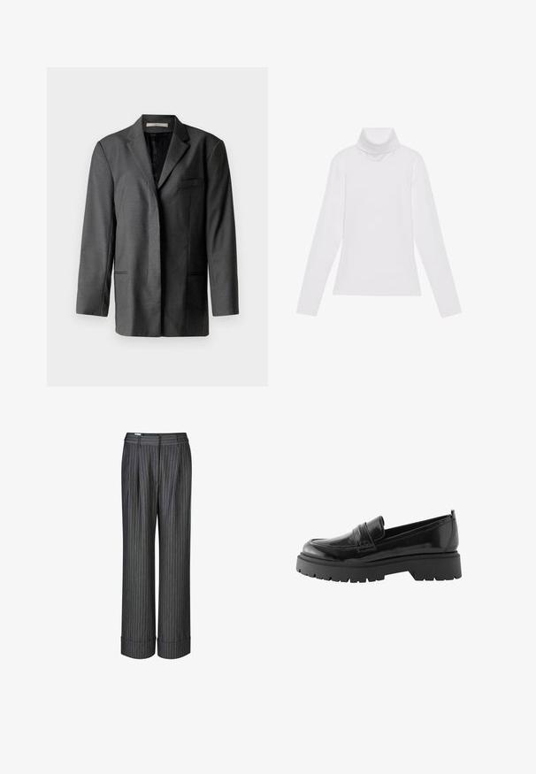 Grijze op maat gemaakte blazer van een lichtgewicht materiaal; heeft een gekarteld revers, een enkele borstzak en twee voorzakken, met een soepele binnenvoering.; Witte lange mouw turtleneck top gemaakt van glad, elastisch materiaal. Voorzien van een hoge kraag en een getailleerd ontwerp, zonder zichtbare patronen of versieringen.; Grijze pinstripe wijde broek met plooien aan de voorkant en omslagranden. Gemaakt van een gladde stof, met verticale strepen in blauw.; Zwarte lakleren loafers hebben een laag platformzool met een robuuste profiel en een gestikte detail over de middenvoet.