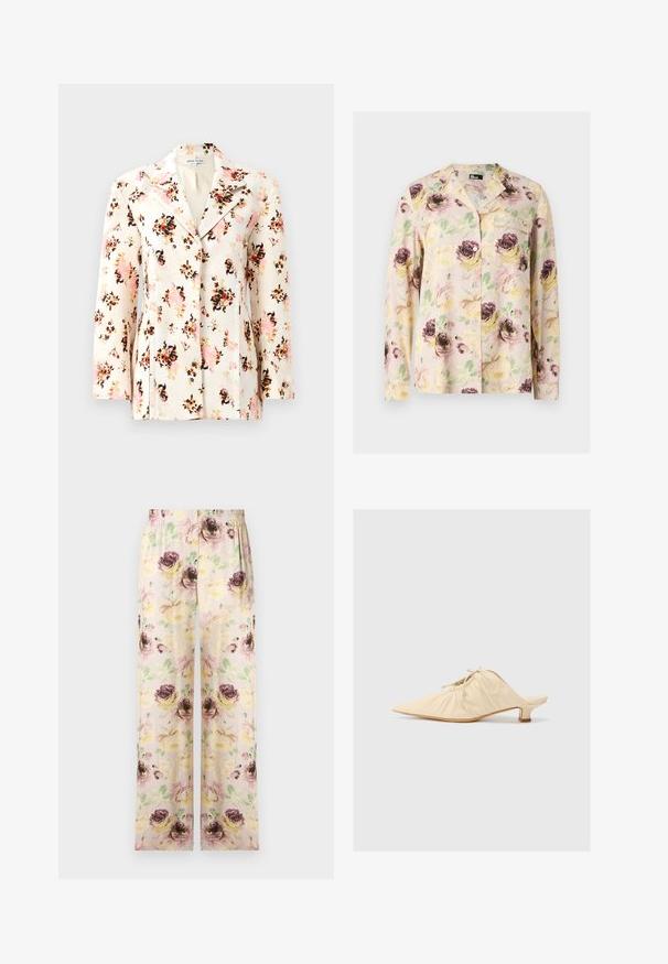 Blazer floral en tissu crème avec des motifs vibrants de rose, noir et orange. Doté d'un col cranté et d'une coupe ajustée avec des manches longues.; Chemise à manches longues boutonnée avec un motif floral pastel jaune, rose et violet et une poche poitrine gauche.; Pantalon ample avec taille élastique et motif floral pastel comprenant des nuances de rose, jaune et vert sur un fond clair.; Chaussure en cuir couleur crème à enfiler avec un bout pointu, des détails froncés à l'avant et un petit talon carré.