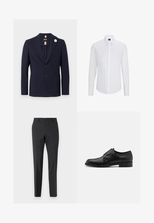 Blazer azul marino de tejido texturado con diseño de un solo botón, dos bolsillos frontales y un pin de solapa en forma de flor blanca.; Camisa blanca de manga larga con botones y cuello puntiagudo, hecha de tela suave, con tapeta frontal y dobladillo redondeado.; Pantalones tailored en gris oscuro con una textura suave, de corte ajustado, frente plano y pasadores para cinturón, diseñados para atuendos formales o de negocios.; Zapato de vestir de cuero negro con doble hebilla, silueta elegante y punta redonda. Cuenta con un tacón bajo y una textura suave.