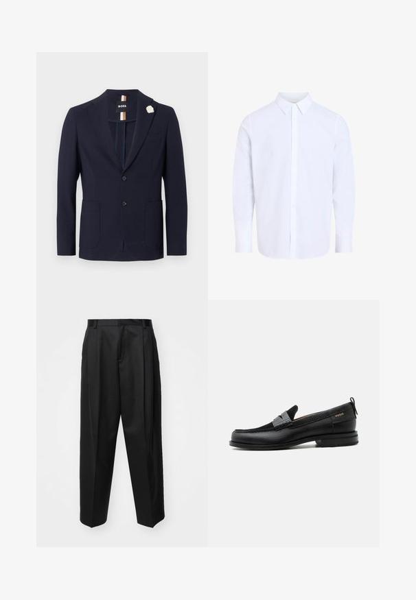 Blazer azul marino de tejido texturado con diseño de un solo botón, dos bolsillos frontales y un pin de solapa en forma de flor blanca.; Camisa blanca de manga larga con botones, cuello clásico, confeccionada en tela suave, con tapeta de botones en la parte delantera y dobladillo redondeado.; Pantalones negros ajustados con cintura alta, perneras anchas y pliegues marcados. Fabricados en un tejido suave con trabillas para el cinturón y sin hardware visible.; Mocasín de cuero negro con detalle de tira gris, tacón bajo y suela texturizada, con la marca "HUGO" en oro en el lateral.