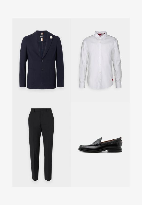 Blazer azul marino de tejido texturado con diseño de un solo botón, dos bolsillos frontales y un pin de solapa en forma de flor blanca.; Camisa blanca de manga larga con cuello abotonado, fabricada en tejido ligero. Presenta una discreta etiqueta de la marca en rojo en la parte inferior.; Pantalones negros con un diseño a medida, con frente plano, detalles de pliegue y un corte ajustado. Fabricados con una tela suave para un aspecto refinado.; Mocasín de hombre de piel negra con costura moc toe, tira penny, cuello texturizado y tacón bajo apilado sobre fondo blanco.
