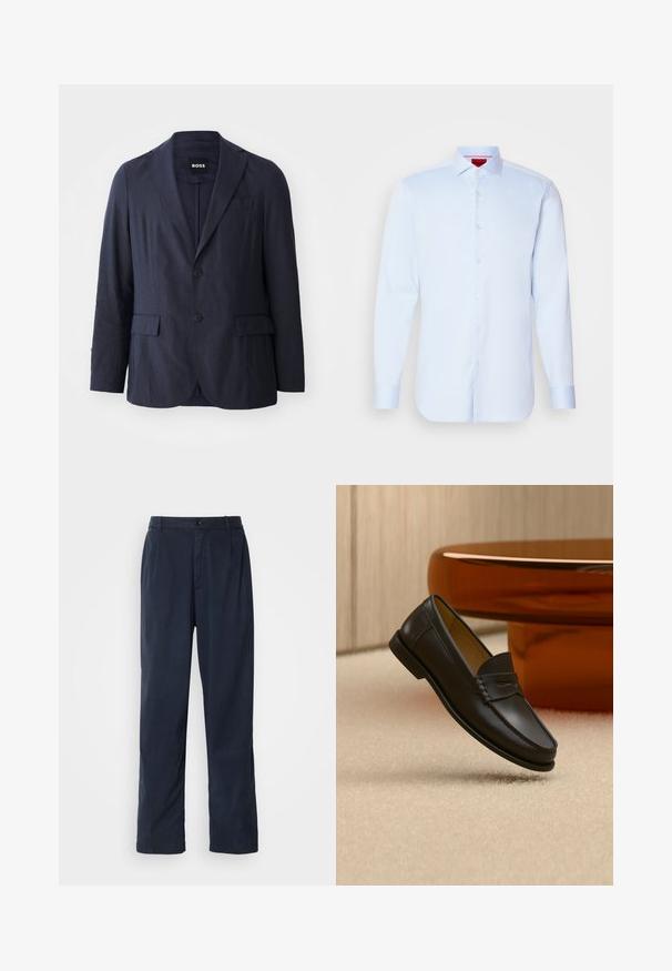 Marineblazer aus Stoff mit strukturierter Oberfläche, mit Reverskragen, zwei Fronttaschen und einer Zwei-Knopf-Verschluss. Markenlabel sichtbar.; Helleblaue Langarmbluse mit Button-Down-Kragen, abgerundetem Saum und weißen Knöpfen. Glattes Material mit einem subtilen Glanz.; Marineblaue Hose aus Baumwollmischung. Verfügt über einen geraden Schnitt, einen vorderen Knopfverschluss und dezente Falten. Glatte Textur.; Schwarzer Leder-Loafer, der über einem hellbeigen Teppich schwebt, mit bernsteinfarbenen modernen Möbeln im Hintergrund.