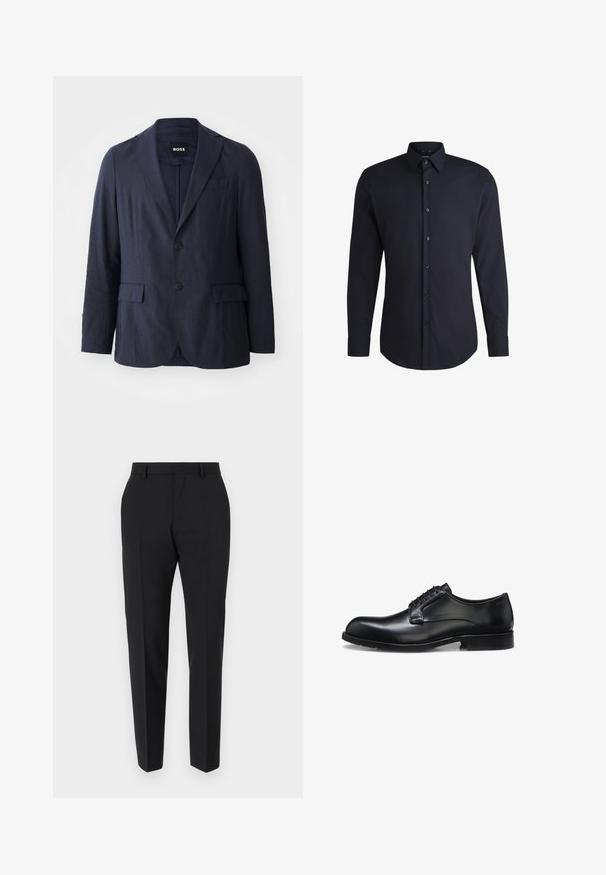 Blazer azul marino hecho de tela con un acabado texturizado, que presenta una solapa con muesca, dos bolsillos frontales y cierre de dos botones. Etiqueta de la marca visible.; Camisa de manga larga azul marino hecha de tejido tejido, con cuello abotonado y botones a juego, con una textura suave y un corte entallado.; Pantalones negros con un diseño a medida, con frente plano, detalles de pliegue y un corte ajustado. Fabricados con una tela suave para un aspecto refinado.; Zapato de vestir para hombre de cuero negro pulido con cordones cerrados, tacón bajo y detalle sutil de marca cerca del talón sobre un fondo blanco.