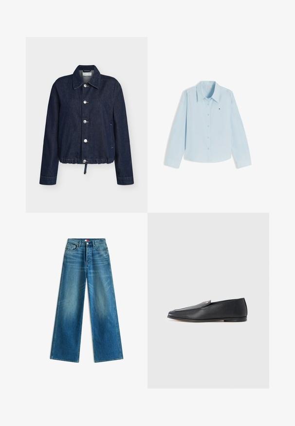 Veste en denim bleu foncé avec col pointu, cinq boutons argentés, manches longues, poches latérales et ourlet à cordon.; Chemise bleu clair à manches longues, boutonnée, avec col et petit logo Tommy Hilfiger sur le côté gauche de la poitrine, sur fond blanc.; Jean bleu à jambes larges avec poches avant, passants de ceinture, fermeture par bouton et petits détails du drapeau de la marque sur la poche et à la taille.; Mocassins en cuir noir à texture lisse, bout arrondi et détails de couture subtils. Ils présentent un accent logo doré sur le côté supérieur.