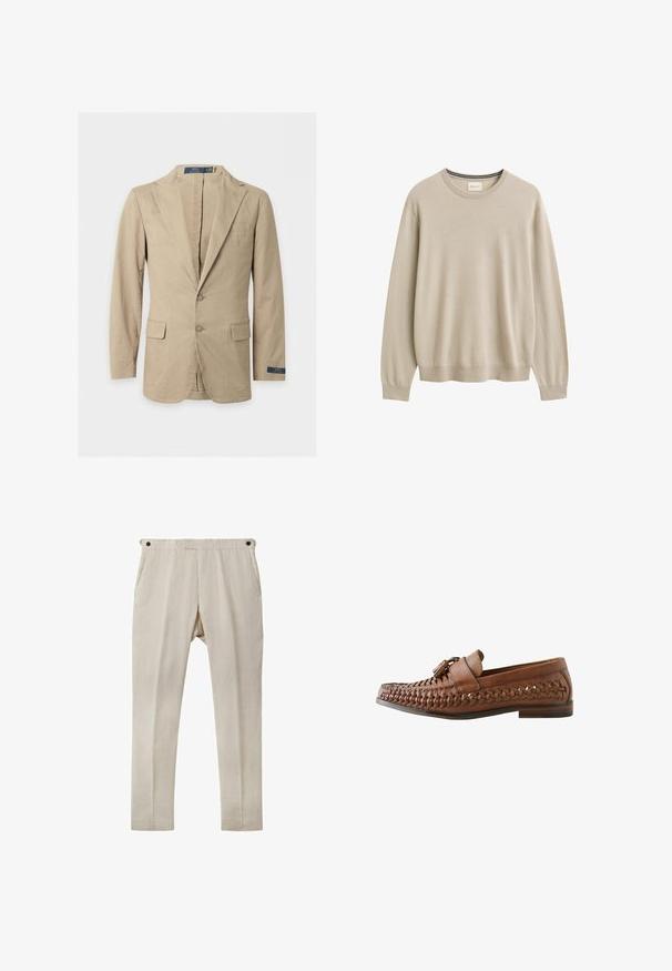 Beige tweeknopsblazer met inkeping revers, voorflapzakken, borstzak en Polo Ralph Lauren label op de mouw en aan de binnenkant van de kraag.; Beige trui met lange mouwen en een ronde hals, geribde manchetten en zoom, effen ontwerp, merklabel binnenin de halslijn.; Beige linnen broek met een rechte snit, voorzien van twee zijzakken en zwarte knoopaccenten op de tailleband. Glad, lichtgewicht textuur.; Bruine leren geweven loafer met franjes bovenop en een lage gestapelde hak, getoond in het rechterzijprofiel op een witte achtergrond.