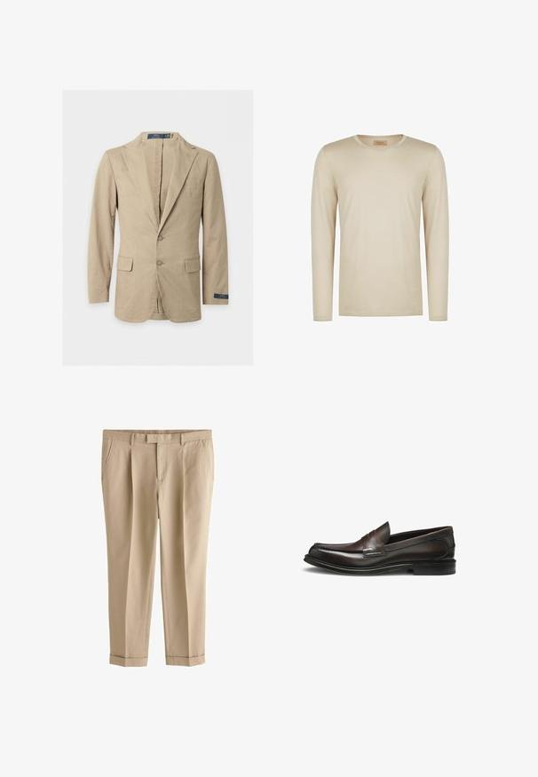 Beige blazer med to knapper, hakkede revers, forlommer med klap, brystlomme og Polo Ralph Lauren-mærke på ærmet og indersiden af kraven.; Beige langærmet skjorte lavet af blødt stof, med ribbet tekstur og rund hals med en kontrasterende udskæring. Minimalistisk design.; Beige skræddersyede bukser med sidelommer, bæltestropper, frontlynlås og manchetter, designet til en slank, formel pasform.; Mørkebrune polerede læder herre loafers med lav hæl og en dekorativ rem over toppen, vist fra siden.