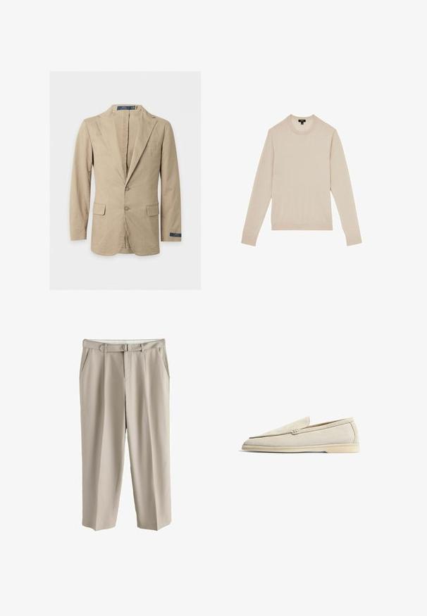 Beige blazer med to knapper, hakkede revers, forlommer med klap, brystlomme og Polo Ralph Lauren-mærke på ærmet og indersiden af kraven.; Lyse beige langærmet sweater med rund halsudskæring. Fremstillet i blødt stof og med ribbet manchetter og kant. Minimalistisk design uden mønstre.; Beige bukser med vide ben, bæltestropper, to sidelommer og et matchende stofbælte med metal D-ring spænde.; Scarosso LUDOVICO - Loafers - sand suede