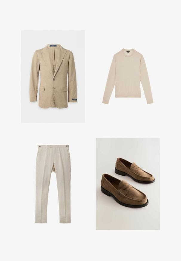 Beige blazer med to knapper, hakkede revers, forlommer med klap, brystlomme og Polo Ralph Lauren-mærke på ærmet og indersiden af kraven.; Lyse beige langærmet sweater med rund halsudskæring. Fremstillet i blødt stof og med ribbet manchetter og kant. Minimalistisk design uden mønstre.; Beige linnedragt med lige snit, der har to sidelommer og sorte knapdetaljer ved taljen. Glat, let tekstur.; Brune ruskinds loafers med en mokkasin-design, syet detaljer og en glat lædersål. Har en diskret hævet søm over vristen.