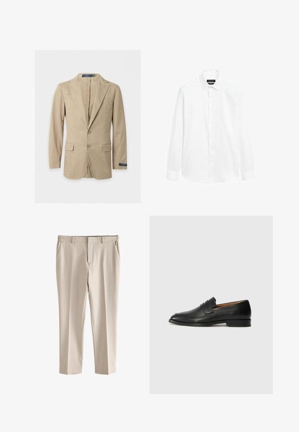 Beige tweeknopsblazer met inkeping revers, voorflapzakken, borstzak en Polo Ralph Lauren label op de mouw en aan de binnenkant van de kraag.; Witte overhemd met een button-down kraag, lange mouwen en een knoopsluiting aan de voorkant. De stof lijkt soepel met een lichte glans.; Beige slimfit pantalon met riemlussen, zijzakken en voorsluiting met rits, plat neergelegd op een witte achtergrond.; Zwarte leren instapper met een ronde neus, subtiele stikdetails en een lage hak, met een gladde textuur en een minimalistisch ontwerp.