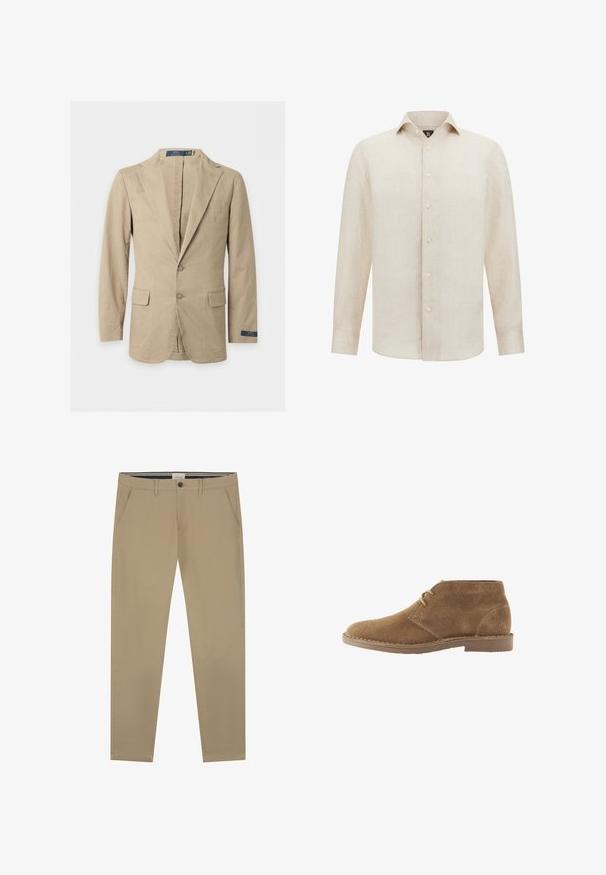 Beige tweeknopsblazer met inkeping revers, voorflapzakken, borstzak en Polo Ralph Lauren label op de mouw en aan de binnenkant van de kraag.; Beige linnen overhemd met een knoopsluiting aan de voorkant, lange mouwen, een klassieke kraag en een licht gebogen zoom. Voorzien van eenvoudige witte knopen.; Beige chino's gemaakt van zachte katoen, met een recht model, een enkele knoopsluiting en twee zijzakken. Subtiele stikseldetails.; Bruine suède enkellaars casual schoen met twee veterogen en gestikte zool op witte achtergrond, zijaanzicht.