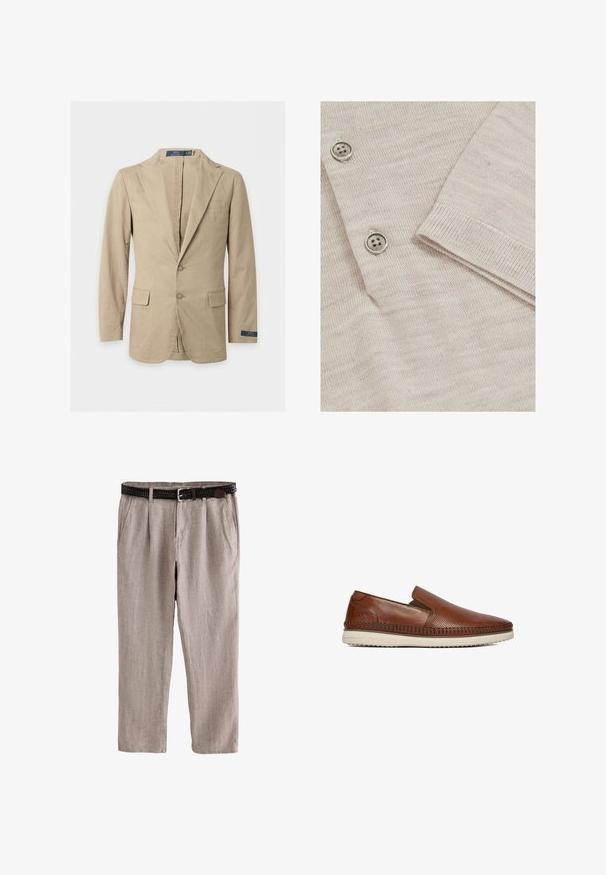 Beige blazer med to knapper, hakkede revers, forlommer med klap, brystlomme og Polo Ralph Lauren-mærke på ærmet og indersiden af kraven.; Lys beige cardigan med en fin strikstruktur. Har tre metalliske knapper og ribbede manchetter for et struktureret finish.; Beige linnedbukser med plisseret front, sidelommer og et mørkt vævet bælte med sølvspænde.; Brun perforeret læderslip-on sko med hvid sål og synlige syninger langs mellemsålen, sidevisning på hvid baggrund.