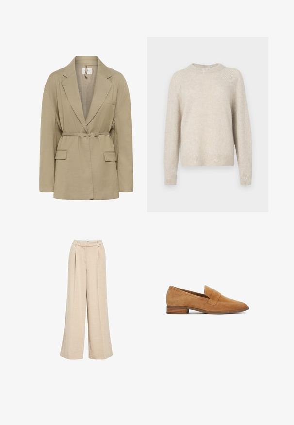 Blazer beige ajusté avec revers crantés, manches longues, deux poches à rabat devant, et une fine ceinture assortie qui se ferme à la taille.; Pull en tricot beige avec un col rond, des manches raglan et un ourlet côtelé. Texture douce avec une coupe légèrement ample et un motif minimal.; Pantalons larges beige clair en tissu texturé, avec une taille haute, des plis avant et des poches latérales pour plus de fonctionnalité.; Mocassin en daim marron clair avec un petit talon empilé et une large lanière traversant le cou-de-pied, présenté de profil sur un fond blanc.