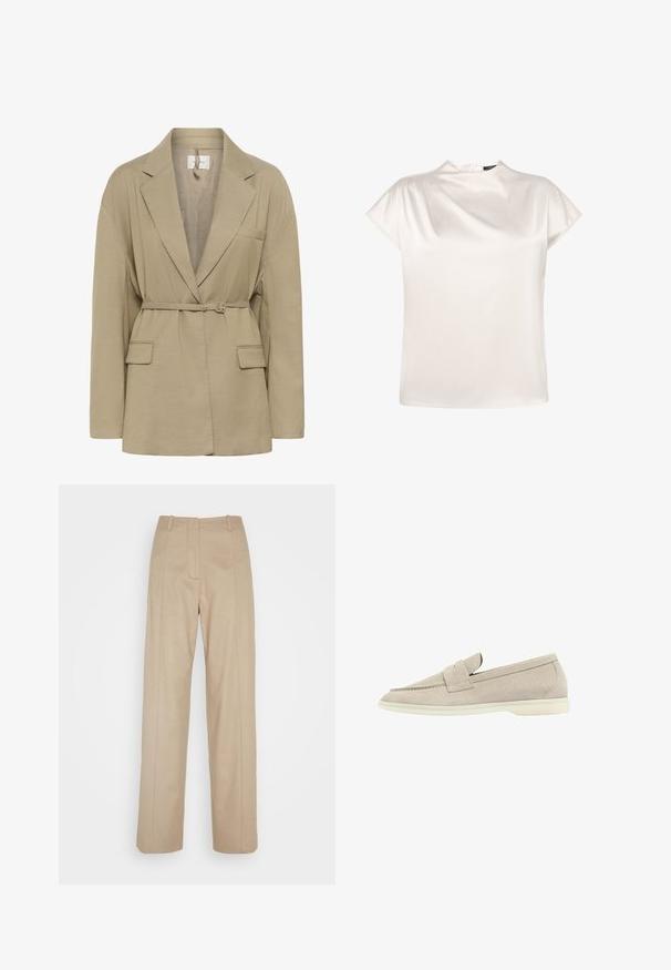 Blazer beige ajusté avec revers crantés, manches longues, deux poches à rabat devant, et une fine ceinture assortie qui se ferme à la taille.; zero Blouse - eggnog; Calvin Klein TAILORED STRAIGHT PANT - Pantalon classique - cinder; Mocassin en suède beige clair avec une semelle blanche basse, un bout arrondi et une lanière cousue sur le dessus.