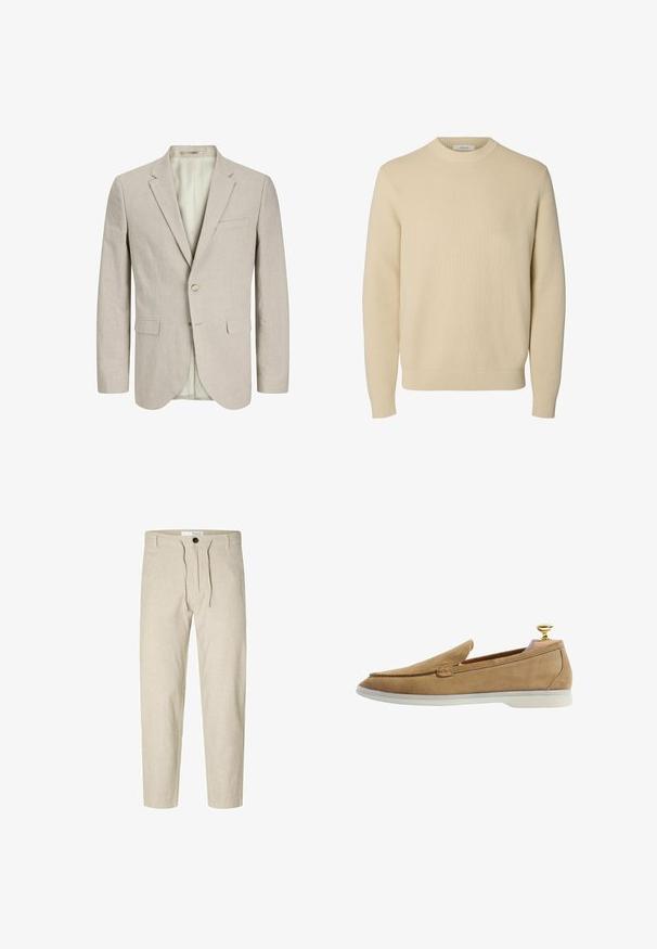 Blazer beige clair en tissu texturé. Comprend deux poches avant, une fermeture à un bouton et un col cranté. Intérieur doublé.; Pull tricoté beige uni à col rond, manches longues avec poignets et bas côtelés.; Selected Slim Tapered Linen Blend - Pantalon classique - vetiver; Mocassin en suède beige avec un bout légèrement pointu et une semelle en caoutchouc blanche. Comprend un chausse-pied en or et un design simple sans motifs visibles.