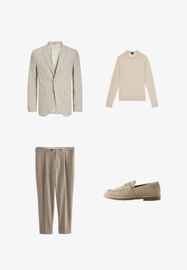 Lys beige blazer lavet af struktureret stof. Har to forlommer, en enkelt knaplukning og en notch-lapel. Foring indeni.; Lyse beige langærmet sweater med rund halsudskæring. Fremstillet i blødt stof og med ribbet manchetter og kant. Minimalistisk design uden mønstre.; Beige, lige bukser med en glat tekstur, enkelt knaplukning og to frontfolder, med bæltestropper og uden lommer.; Beige ruskind slip-on loafer med en syningsdetalje på remmen, lav hæl og gummisål, vist fra siden på hvid baggrund.