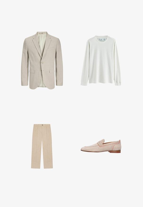Blazer de color beige claro fabricado en una tela texturizada. Cuenta con dos bolsillos frontales, cierre de un solo botón y solapa con muesca. Interior forrado.; Camisa de manga larga en verde claro, hecha de tejido texturizado, con un cuello redondo y puños acanalados. Etiqueta de la marca visible en el interior.; Pantalones de lino beige con corte recto, que cuentan con dos pinzas frontales, cierre frontal con botón y bolsillos a ambos lados.; Mocasín de ante beige con una correa para moneda, puntera almendra, suela marrón y detalle de costura naranja sutil en el talón y el borde superior.