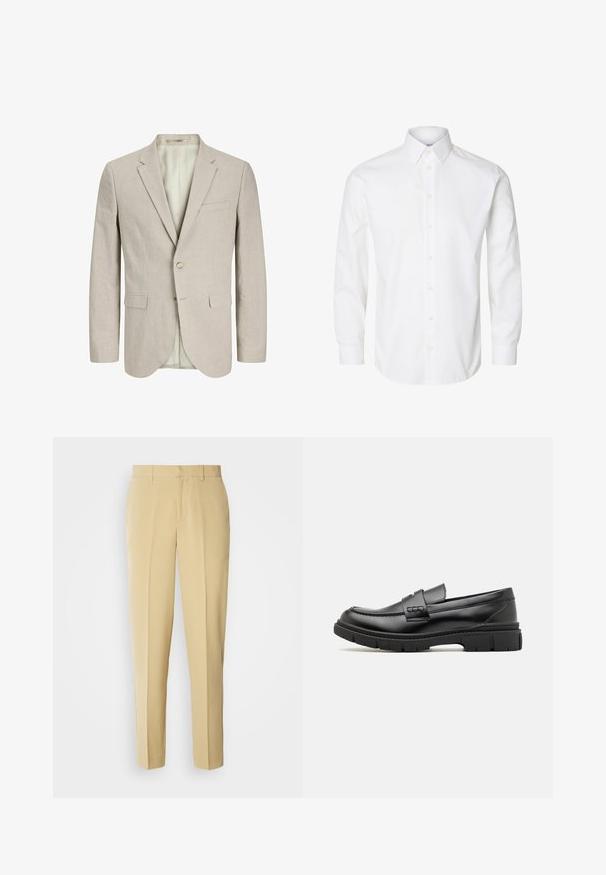 Lys beige blazer lavet af struktureret stof. Har to forlommer, en enkelt knaplukning og en notch-lapel. Foring indeni.; Hvid skjorte med lange ærmer, knapper foran, spids krave og knappede manchetter.; Beige skræddersyede bukser med lige pasform, flad front og sidelommer. Fremstillet af et glat stof med en let glans.; Sort læder loafersko med en bred rem over forfoden, gummisål med tykke mønstre og glat overflade. Klassisk, slankt design.
