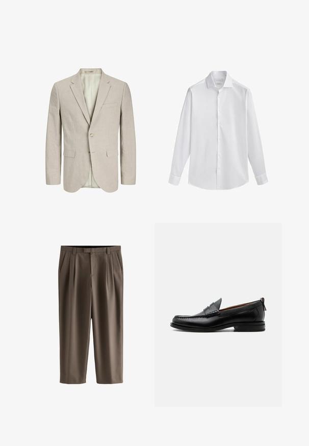 Lys beige blazer lavet af struktureret stof. Har to forlommer, en enkelt knaplukning og en notch-lapel. Foring indeni.; Hvid langærmet skjorte med knapper og spread krave, lavet af glat stof. Har en lige afslutning og enkeltknapsmanchetter.; Brune korte bukser med bæltestropper, sidelommer, frontlynlås og læg på begge ben.; Sort læder herre loafer med moc-tå syning, penny strop, struktureret krave og lav stablet hæl på hvid baggrund.