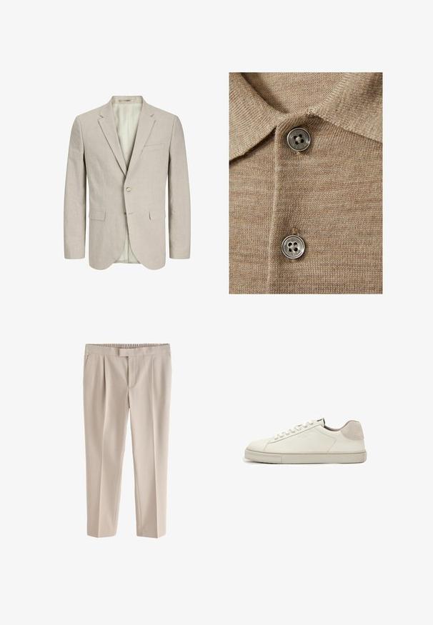 Helles beiges Blazer aus strukturiertem Stoff. Verfügt über zwei Fronttaschen, einen Knopfverschluss und einen Reverskragen. Mit gefüttertem Innenraum.; Beige Strick-Polohemd mit Kragen, ausgestattet mit zwei silbernen Knöpfen und einem feinen, strukturierten Stoff.; Beige gerade Hose mit elastischem Bund und vorgefertigten Falten, für eine bequeme Passform entworfen.; Weißer Sneaker aus Leder in niedriger Ausführung mit weißen Schnürsenkeln, leicht strukturierter Sohle und hellgrauem Wildleder-Fersenpatch, Seitenansicht.