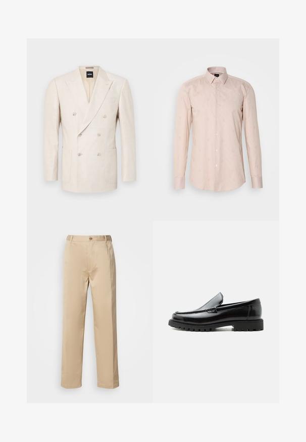 Blazer beige à double boutonnage en tissu texturé. Présente deux poches plaquées et un col cranté. Étiquette de marque visible à l'intérieur du col.; Chemise à manches longues rose clair avec un col à boutons, un motif rayé subtil et des motifs circulaires brodés.; Pantalons beiges en tissu léger, avec une coupe droite, une taille avec passants de ceinture et une fermeture à bouton sur le devant.; Mocassin en cuir noir avec semelle en caoutchouc épaisse, dessus cousu et nom de marque embossé sur le talon, présenté de profil sur fond blanc.