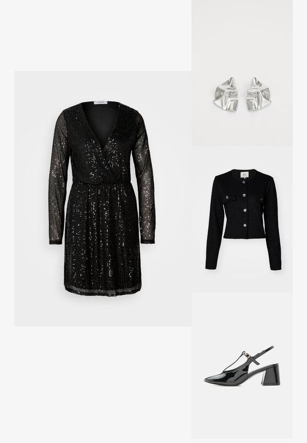 Sort cropped jakke med lange ærmer, struktureret stof, med rund hals, to frontlommer og metalknapdetaljer.; Sort glitrende kjole med lange ærmer, en dyb V-hals og en affaset talje. Glitteret dækker hele beklædningen og reflekterer lyset.; Sort laklæder lavhælet slingback sko med spids tå og T-rem med lille guldbøjle.; Sølvmetal øreringe med et bølgende, skulpturelt design, der har en poleret overflade og uregelmæssige former, hvilket fremhæver en moderne æstetik.
