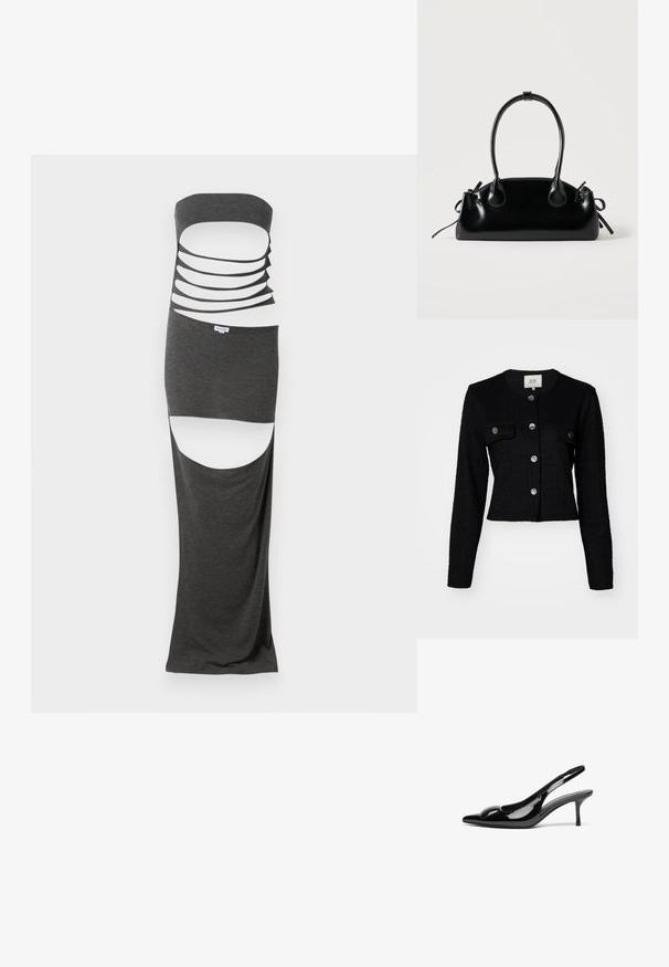 Veste noire courte à manches longues, en tissu texturé, avec un col rond, deux poches avant et des détails de boutons métalliques.; Robe maxi découpée en tissu gris foncé, dotée d'un design sans bretelles avec plusieurs découpes horizontales et fentes sur les côtés. Texture lisse.; Escarpins slingback en cuir verni noir avec un bout pointu et une finition brillante. Présente un talon fin et un accent arrondi au dessus du pied.; Petit sac à main noir brillant avec deux longues anses et des détails à cordon sur les côtés sur un fond clair uni.