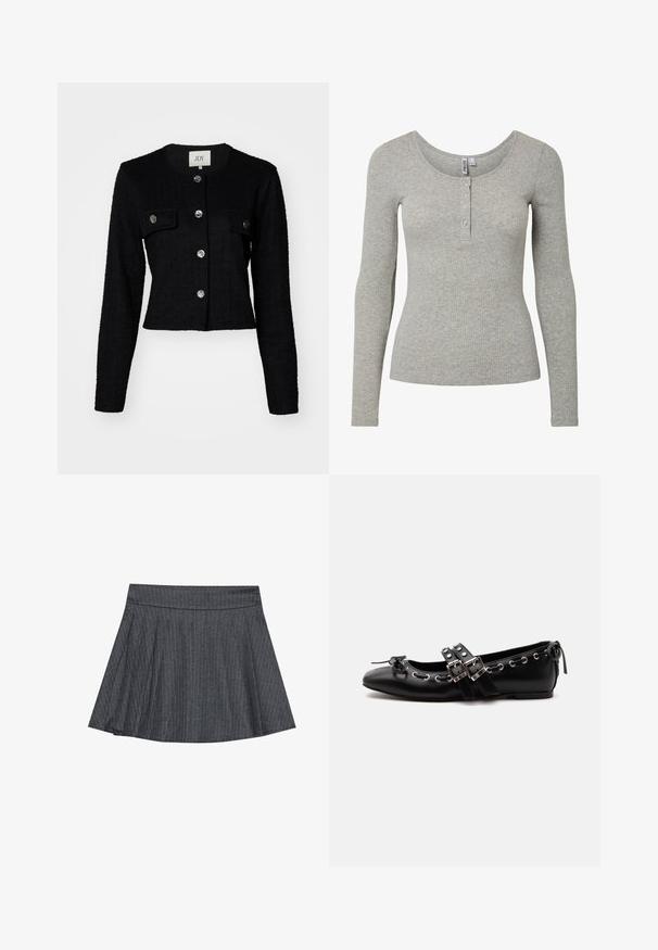 Sort cropped jakke med lange ærmer, struktureret stof, med rund hals, to frontlommer og metalknapdetaljer.; Lysegrå ribbet langærmet top med rund halsudskæring og fire-knaps lukning, tætsiddende silhuet og blødt strikket stof.; Grå stribede skater nederdel med en tætsiddende talje, udformet i A-linje og en blød stofstruktur. Lodrette linjer øger den visuelle interesse.; Sort flad balletsko med dobbelt spænde, sølvøjer og en lille sløjfe nær den runde tå på en hvid baggrund.