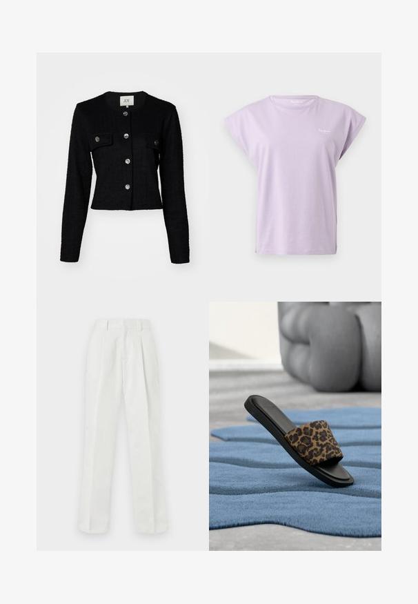 Chaqueta negra corta con mangas largas, tejido texturizado, con cuello redondo, dos bolsillos frontales y detalles de botones metálicos.; Camiseta lavanda de manga corta con cuello redondo, con mangas remangadas y pequeño logo blanco en el pecho izquierdo sobre fondo liso.; Pantalones blancos de tiro alto hechos de una tela suave, con un diseño de pierna recta, frente plisado y bolsillos laterales.; Sandalia tipo slide negra con tira de estampado de leopardo colocada sobre una alfombra azul texturizada, con un gran cojín beige desenfocado al fondo.