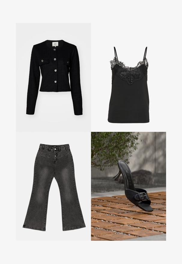 Sort cropped jakke med lange ærmer, struktureret stof, med rund hals, to frontlommer og metalknapdetaljer.; Sort camisole med tynde stropper og dekorative blonde detaljer langs halsudskæringen og den øvre del af brystet.; Sort denim flared jeans med fem-knaps lukning, to frontlommer og en falmet finish. Har stikning detaljer og design med brede ben.; Sort højhælet mule med spænde detalje, "GUESS" logo på indersålen, svæver over trægulv udendørs med sløret grønt baggrund.