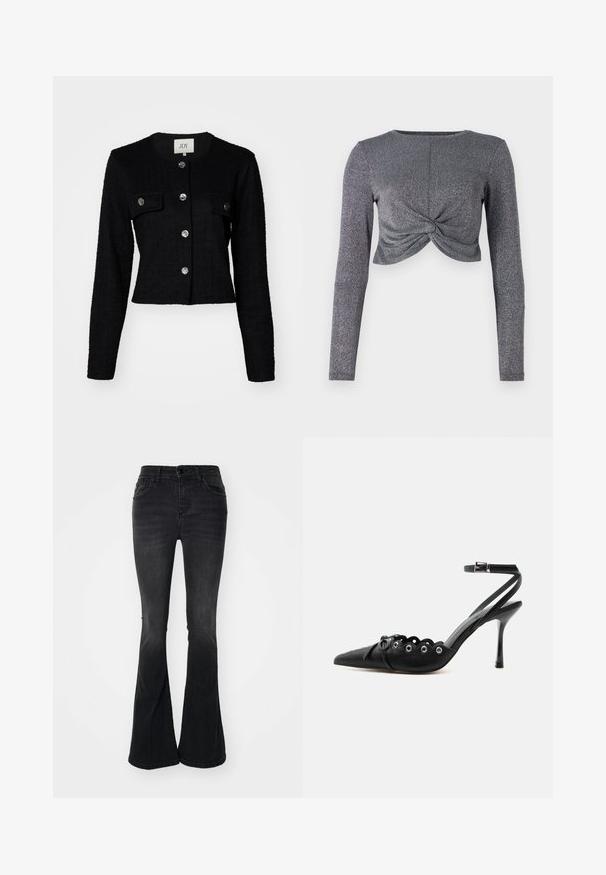 Sort cropped jakke med lange ærmer, struktureret stof, med rund hals, to frontlommer og metalknapdetaljer.; Sølv langærmet cropped top med snoet frontdesign, der har et struktureret, glitrende stof for ekstra glans og dimension.; Sorte bell-bottom jeans lavet af denim, med en høj talje, frontlommer, knaplukning og en ren finish ved kanten.; Sort spids hæl med bølgede kanter, metaløjer, snørelukning foran og ankelrem med spænde.