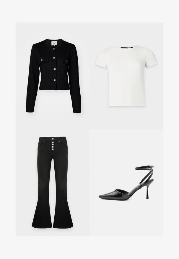 Sort cropped jakke med lange ærmer, struktureret stof, med rund hals, to frontlommer og metalknapdetaljer.; Hvid kortærmet ribstrikket t-shirt med rund halsudskæring, vist på en ensartet lys grå baggrund.; Sorte jeans med flare og høj talje, fem-knaps lukning, blød denimbeklædning og diskrete syningsdetaljer på lommer og syninger.; Sort spids højhælet sko med tynde ankelremme og sølvspænde på en ensfarvet lys baggrund.
