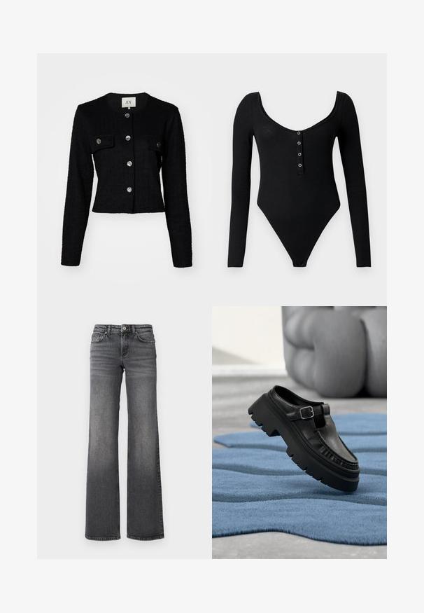 Chaqueta negra corta con mangas largas, tejido texturizado, con cuello redondo, dos bolsillos frontales y detalles de botones metálicos.; Body negro de manga larga hecho de material acanalado, con escote redondeado y cinco botones de presión metálicos en la parte delantera.; Jeans de mezclilla oscuros de pierna recta en gris con un ligero desvanecimiento en los muslos y diseño estándar de cinco bolsillos sobre un fondo blanco.; Mocasín de cuero negro con suela gruesa de tacos y hebilla plateada, colocado en ángulo sobre una alfombra azul texturizada.