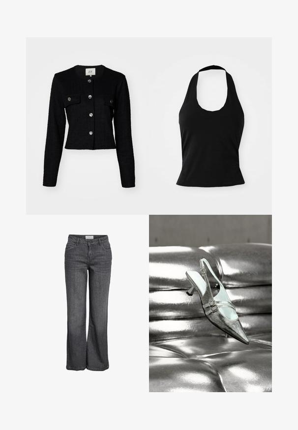 Sort cropped jakke med lange ærmer, struktureret stof, med rund hals, to frontlommer og metalknapdetaljer.; Sort halterneck top lavet af blød stof, med en scoop halsudskæring og en tætsiddende silhuet, med en glat tekstur og uden synlige mønstre.; Bredde ben jeans i mørkegrå denim. Har høj talje, traditionelt fem-lomme design og en ren kanten uden udsmykning.; Sølv høje hæle slingback sko med to spænder, hvilende på en skinnende, tuftet sølv læderoverflade.