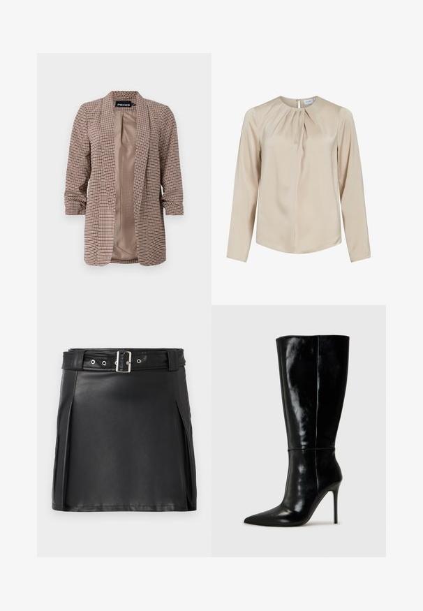 Rutet blazer i brune nuancer med en lys inderside, lange ærmer opsmøgget ved manchetterne og en skræddersyet pasform.; Beige langærmet bluse lavet af glat stof, med rund halsudskæring, folder fortil og knaplukning bagpå.; Sort faux læder mini nederdel med en tætsiddende pasform, sidesyninger og et bælte med en sølvfarvet spænde og øjne. Glat tekstur, høj talje.; Sorte læderknælange støvler med spids tå og høj stilettohæl. Glat tekstur og slank design, med minimalt detaljer.