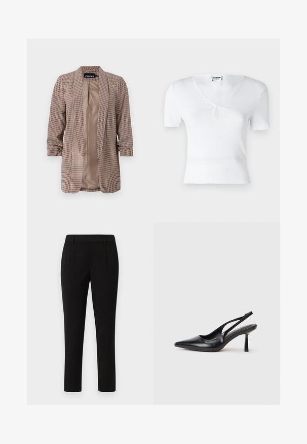 Blazer à carreaux dans des tons de marron avec une doublure intérieure claire, manches longues retroussées aux poignets et coupe cintrée.; Haut blanc à manches courtes côtelé avec un col en V et un détail en trou central. Coupe ajustée, texture lisse et design minimaliste.; Pantalon noir ajusté avec une coupe droite, fabriqué dans un tissu lisse. Caractéristiques: devant plat, passants de ceinture, et sans poches.; Chaussure à talon haut en cuir noir, à bride arrière, avec un bout pointu et un talon fin sur fond blanc.