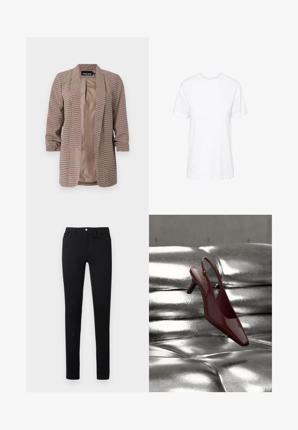 Rutet blazer i brune nuancer med en lys inderside, lange ærmer opsmøgget ved manchetterne og en skræddersyet pasform.; Hvid bomulds t-shirt med korte ærmer, rund hals og en afslappet pasform, med en glat tekstur og uden synlige mønstre.; Sorte slim-fit bukser med knap- og lynlåslukning, for- og baglommer samt subtile sømdetaljer på en ensfarvet baggrund.; Rød laklædersko med slingback, spids snude og lav hæl, med en guldsmykke nær ankelremmen.